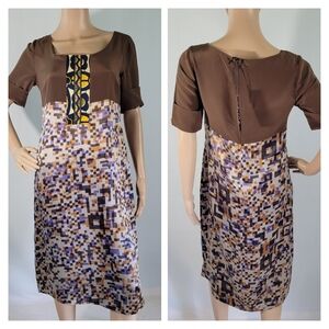 NEW Whitley Womens Cocoa/Purple Mixed Prints Sateen Square Neck Shift Dress Sz S